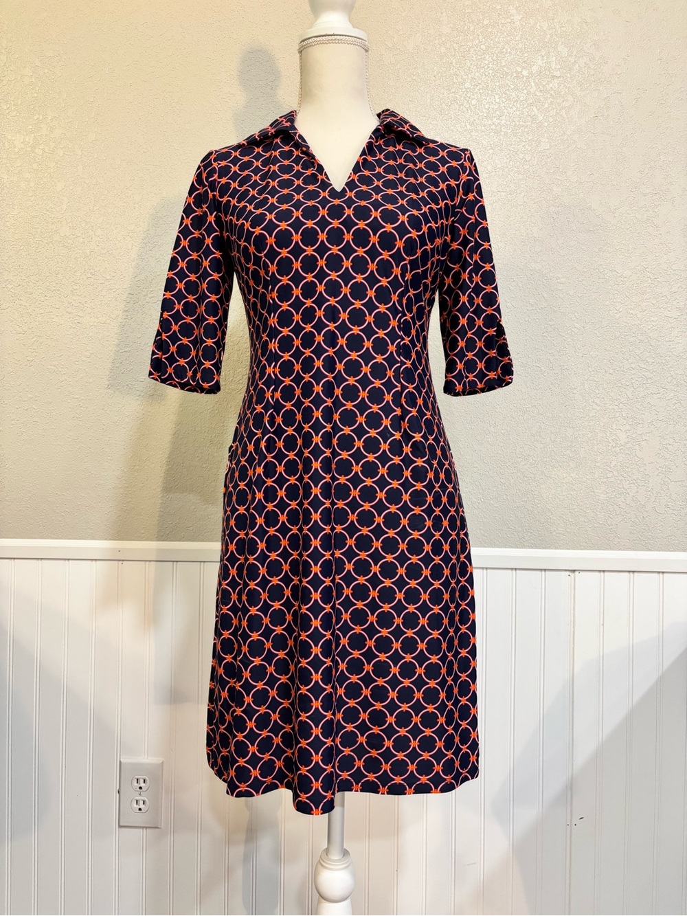Jude Connally XS Navy Pink Orange Geometric Print Collared Shift Dress